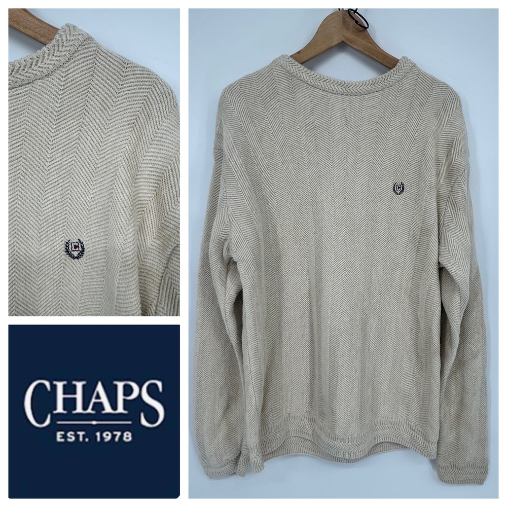Chaps Mens L/G Beige Cotton Sweater Long Sleeve‎ Crew Neck Embroidered Logo
